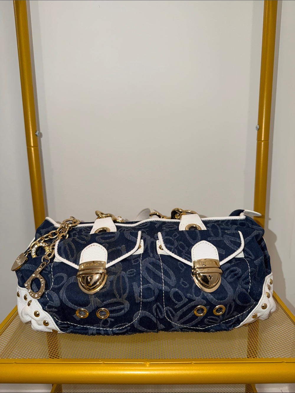 bebe Navy Quilted Shoulder Satchel with White Trim and Gold Accents